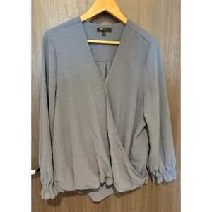 FRYE Blouse Top Women's‎ 1X Surplice Front Pleated Puff Sleeve Wrap blue